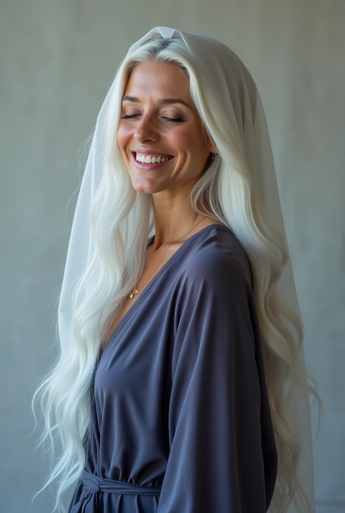 Realistic photo of woman with long white hair, from age to 45 years,wearing a dark blue and lilac long-sleeved flowing dress,wearing a cloth on her head covering her hair smiling with her eyes closed
