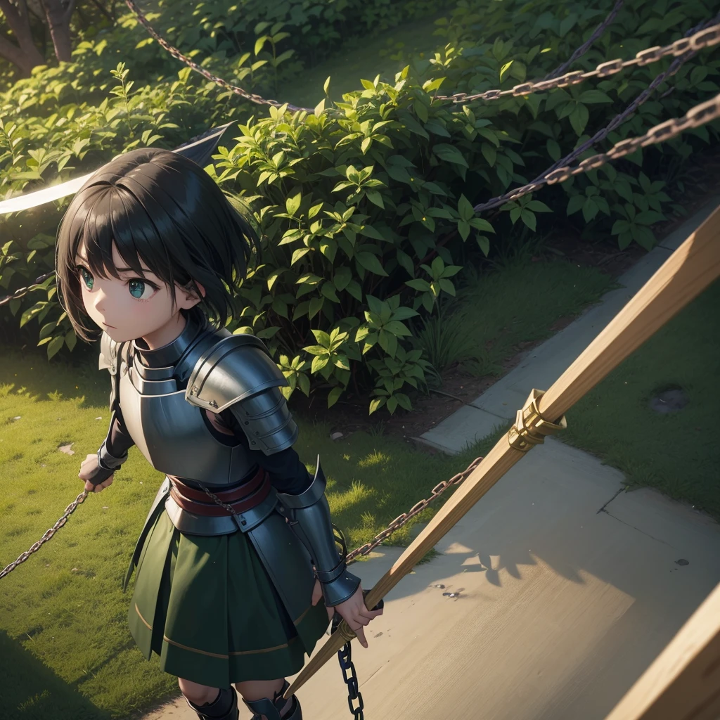 最high quality、high quality、Simple Cloth Armor、10Year-old girl adventurer、Equipped with a weapon that has a short chain at the end of a stick and a spiked iron ball at the end of the chain、In a dark maze、Green armor