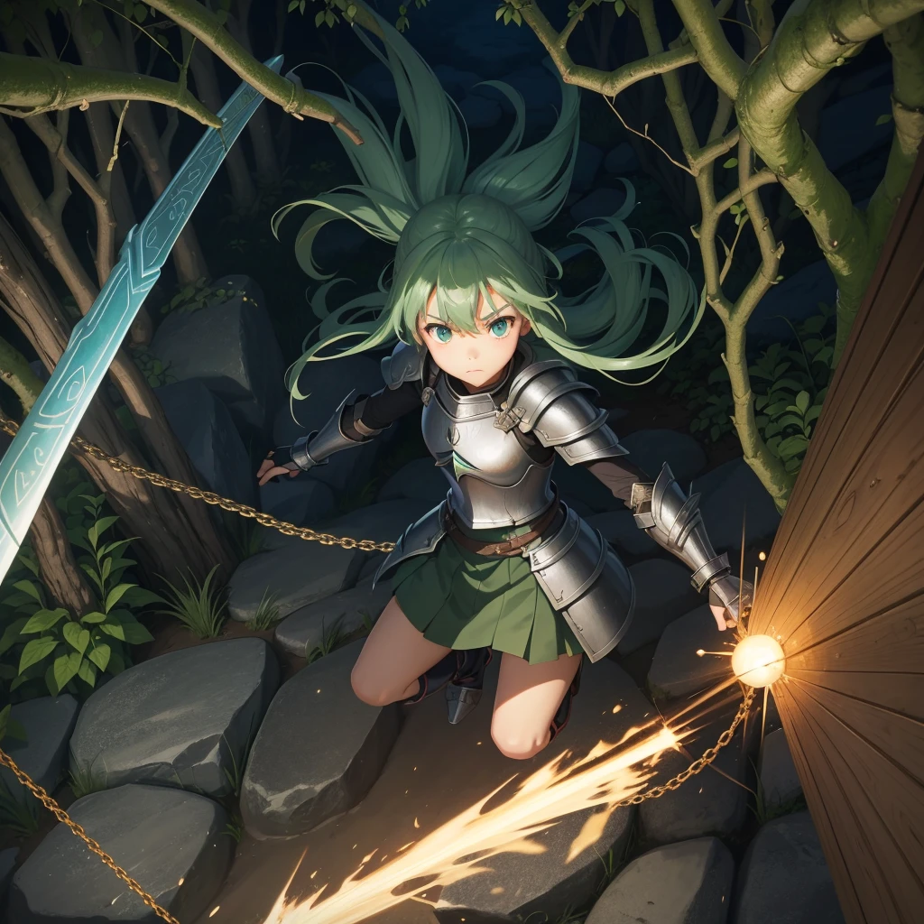 最high quality、high quality、Simple Cloth Armor、１０Year-old girl adventurer、Equipped with a weapon that has a short chain at the end of a stick and a spiked iron ball at the end of the chain、In a dark maze、Green armor