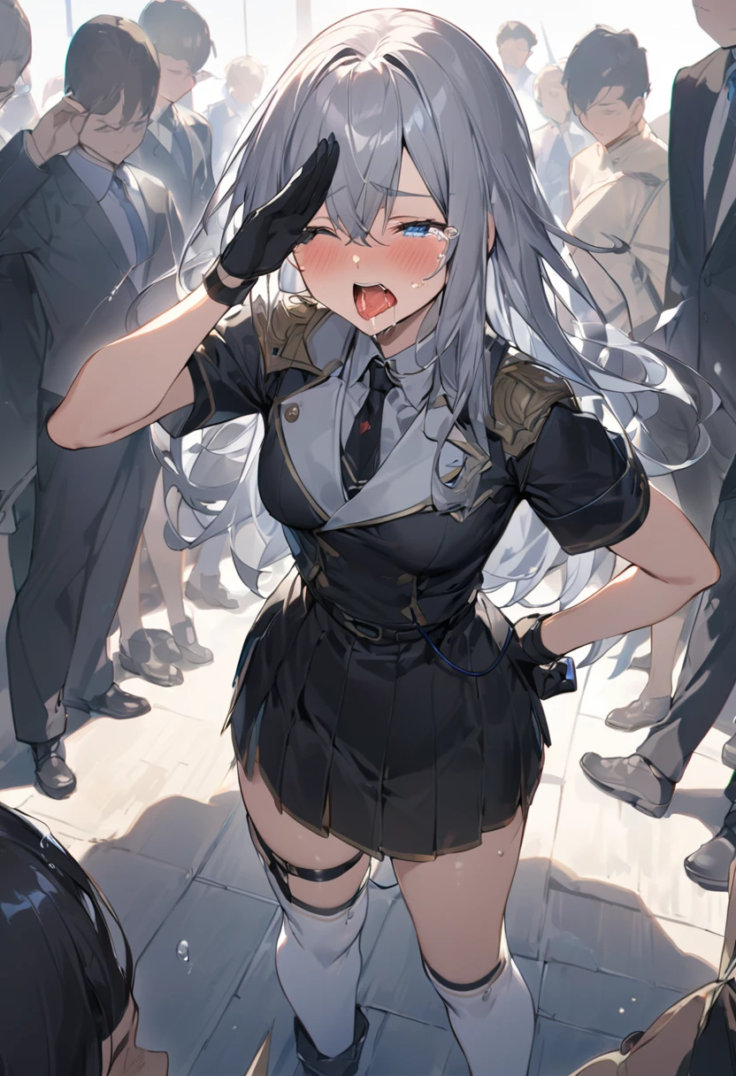 The best quality, High resolution, 一人of, alone, Long Hair, Holding, blue eyes, Gray Hair, ボサボサof髪, Black gloves, White socks, of, Black Skirt, Short sleeve, Cowboy Shot, Salute, Hands on hips, close your eyes, Tears in my eyes, Open your mouth, Saliva residue, 濡れたスカートof裾, 粘着性ofあるパンティー, Bulging vibrator cord, Vibrator with Garters, 地下鉄of車内背景, Crowded Crowd,