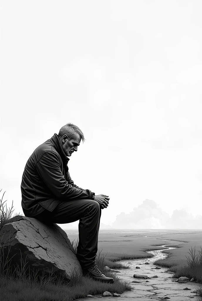 the middle-aged man sits beside the stone, looking at the horizon with a lost gaze, as if there was no more strength to move forward. Your memories begin to appear at the edges of the frame: the face of a loved one, a dream that was abandoned, a personal battle that failed. generates a HQ image, estilo historia em quadrinhos, in black and white
