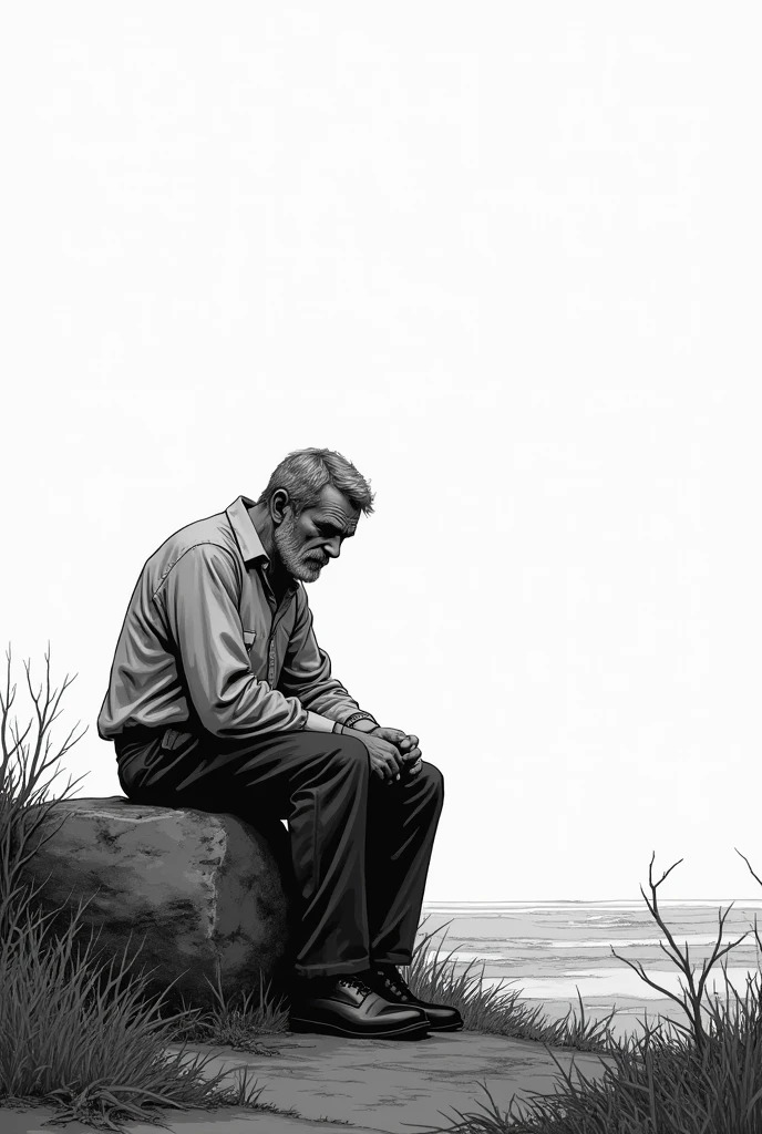 the middle-aged man sits beside the stone, looking at the horizon with a lost gaze, as if there was no more strength to move forward. Your memories begin to appear at the edges of the frame: the face of a loved one, a dream that was abandoned, a personal battle that failed. generates a HQ image, estilo historia em quadrinhos, in black and white