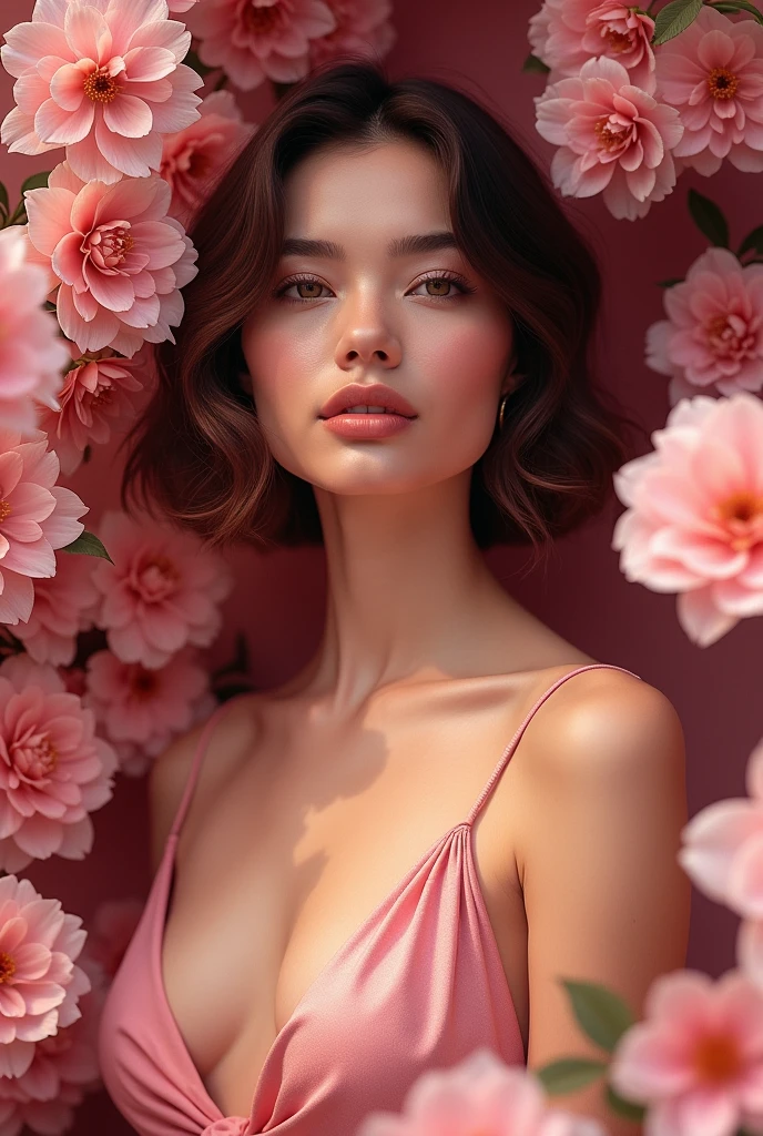 Create me a poster of a attractive and beautiful woman for launching new perfume in the market. The background needs to be muave pink and floral