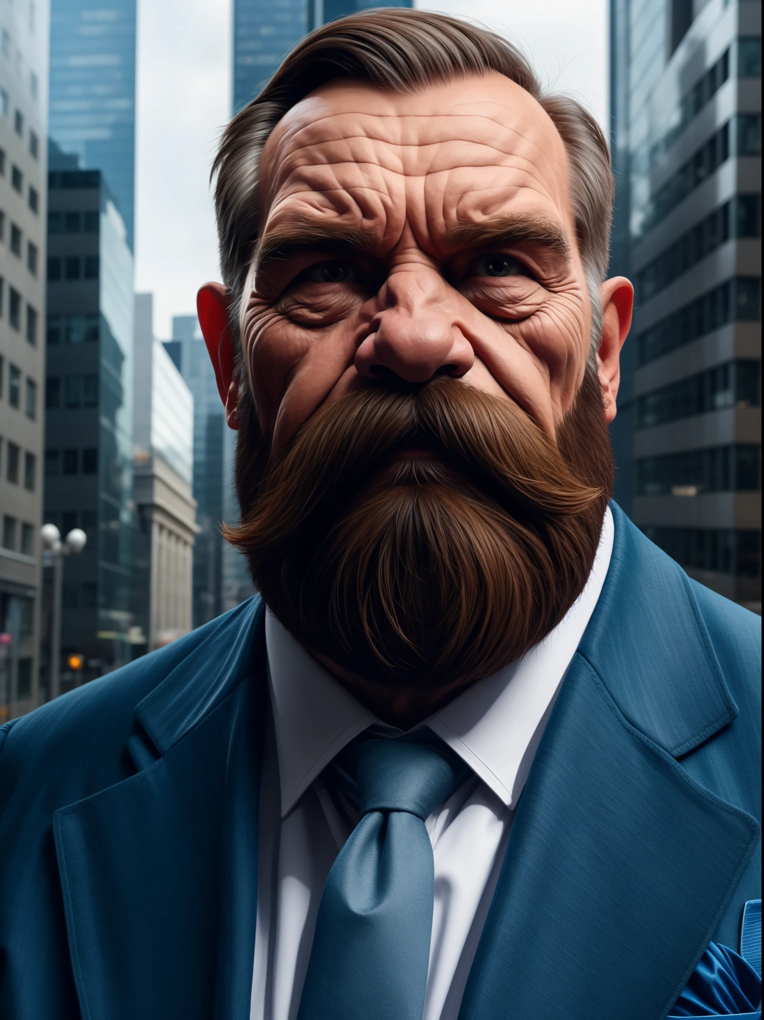 a portrait of an old man wearing a suit, upperbody, standing in a city background, (mwvector), vector, thick mustache, long beard, 8k, high quality, photorealistic, detailed wrinkles, detailed facial features, detailed texture