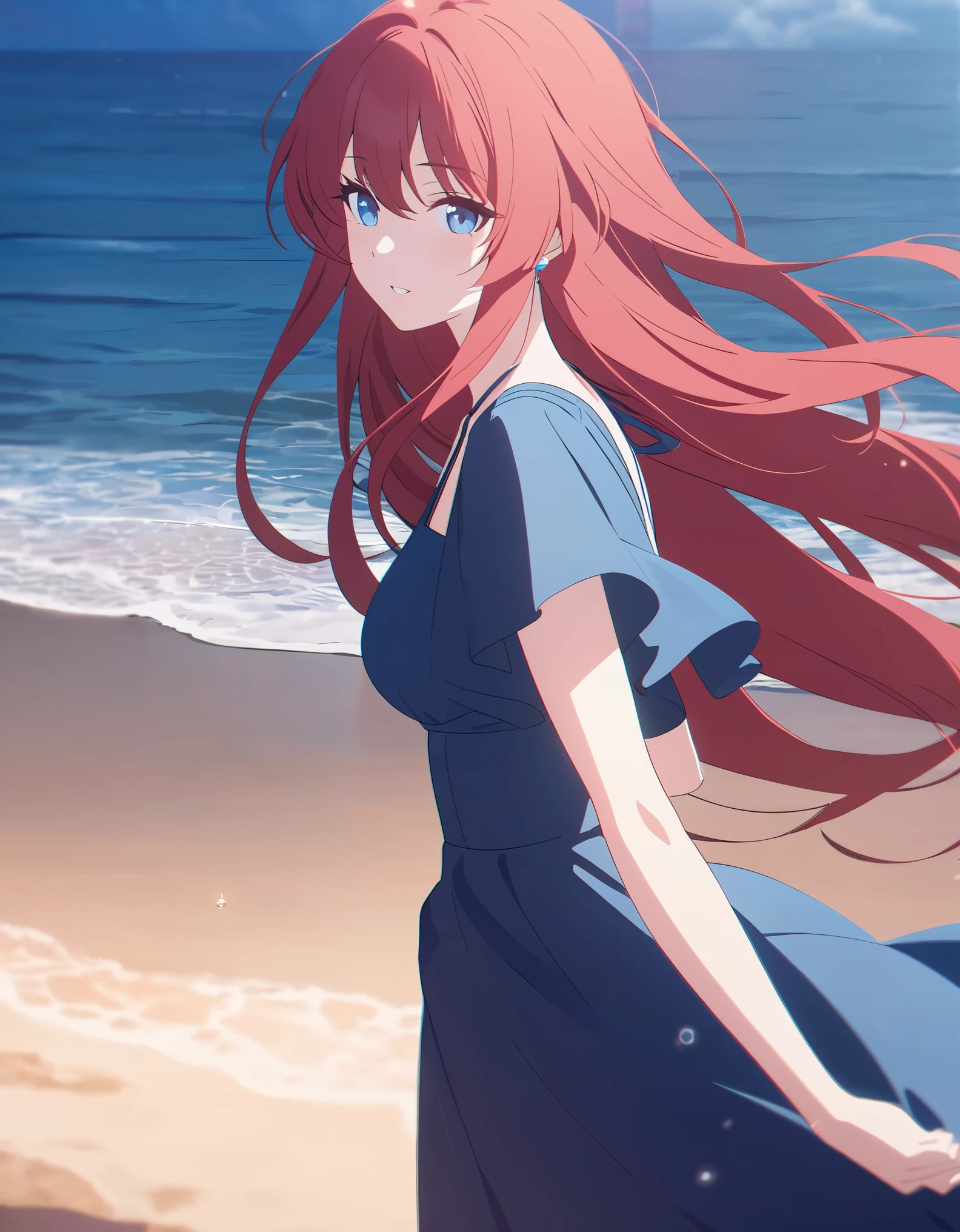 best quality, 8K, high res, ultra-detailed, cinematic lighting,1girl,bright red hair,long hair,blue detail jewelry eyes, delicate ocean,seaside,,((blue dress)),