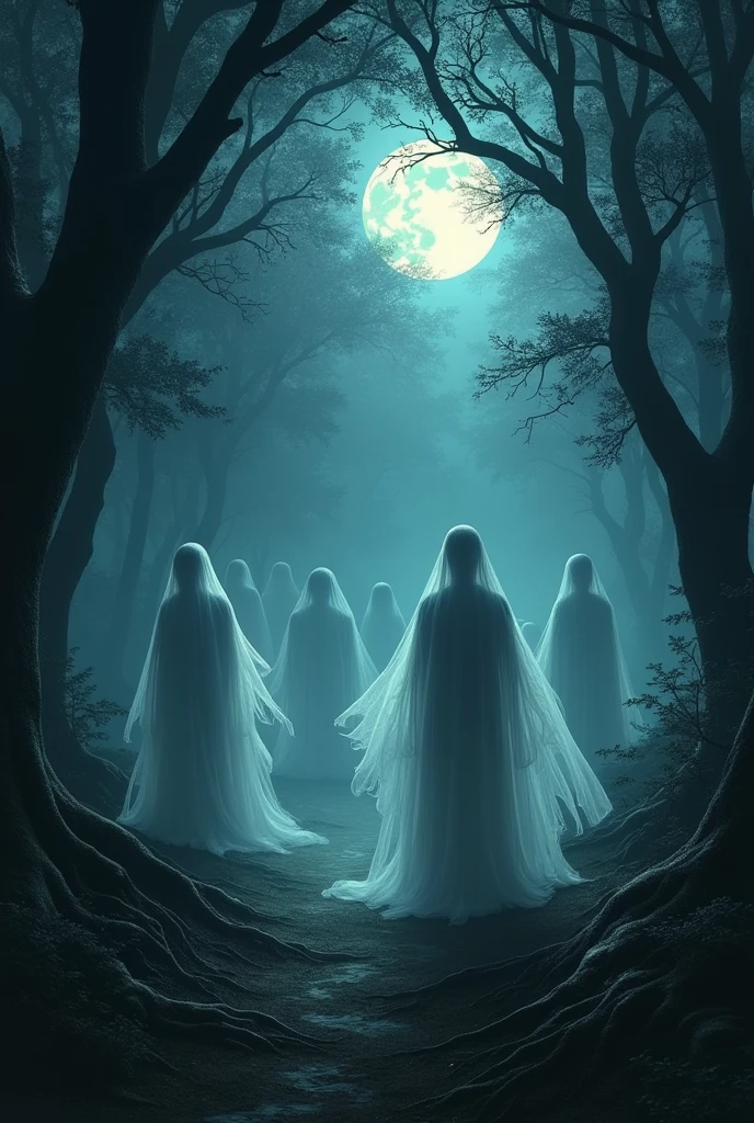 lost souls in the forest at night in the moonlight