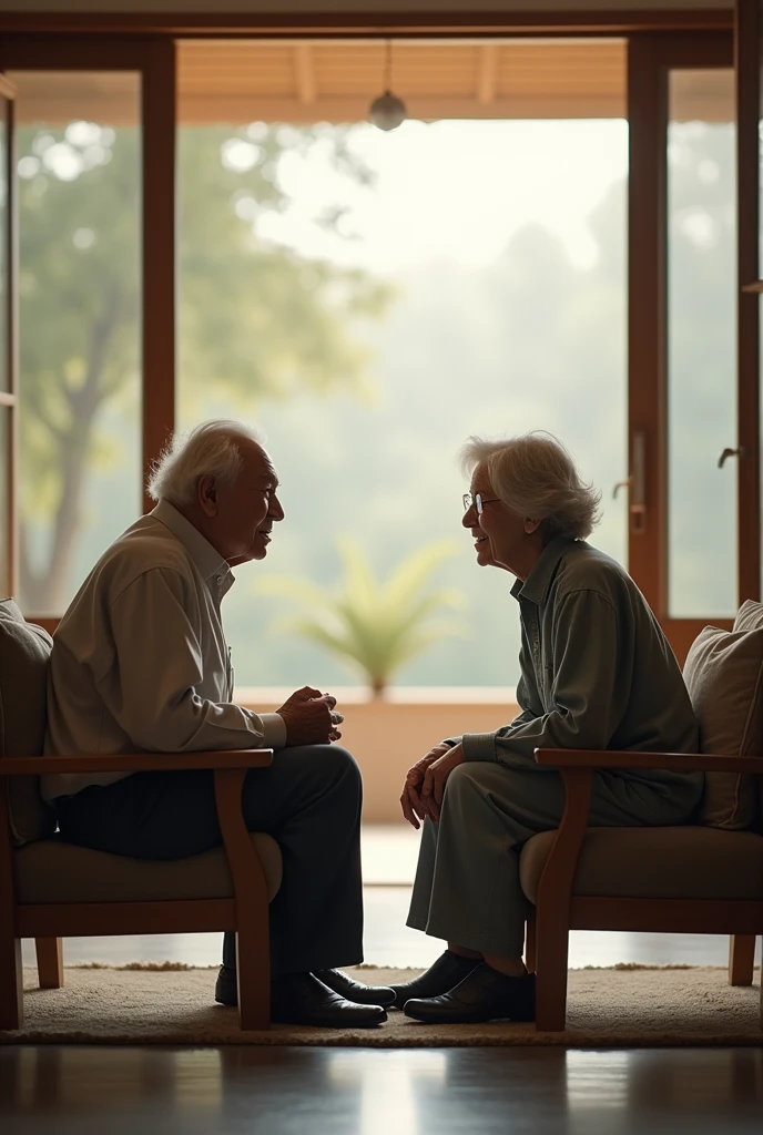 Two older adults sitting talking in a room where everything can be seen 