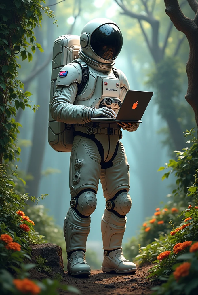 Create a hyper-realistic image of an astronaut in a powerful, contemplative pose. The astronaut should be wearing a detailed spacesuit, with meticulously crafted textures and an emphasis on the metal parts and folds of the material. In his hands, he must hold a futuristic laptop. The lighting should create deep shadows and highlights, underlining the form and complexity of both the spacesuit and the computer. Around the astronaut, insert a lush natural environment, with thick green vines and vibrant flowers in the background, gently wrapping parts of the spacesuit.
Add a touch of modernity to the background with an immersive gamer room, visible in the background, where elements such as colorful LED lights and an ergonomic chair blend into the natural surroundings. The overall atmosphere should be serene and slightly mystical, with soft natural light filtering through the foliage and interacting with the LED lights, adding a touch of life to the astronaut and the environment. The style