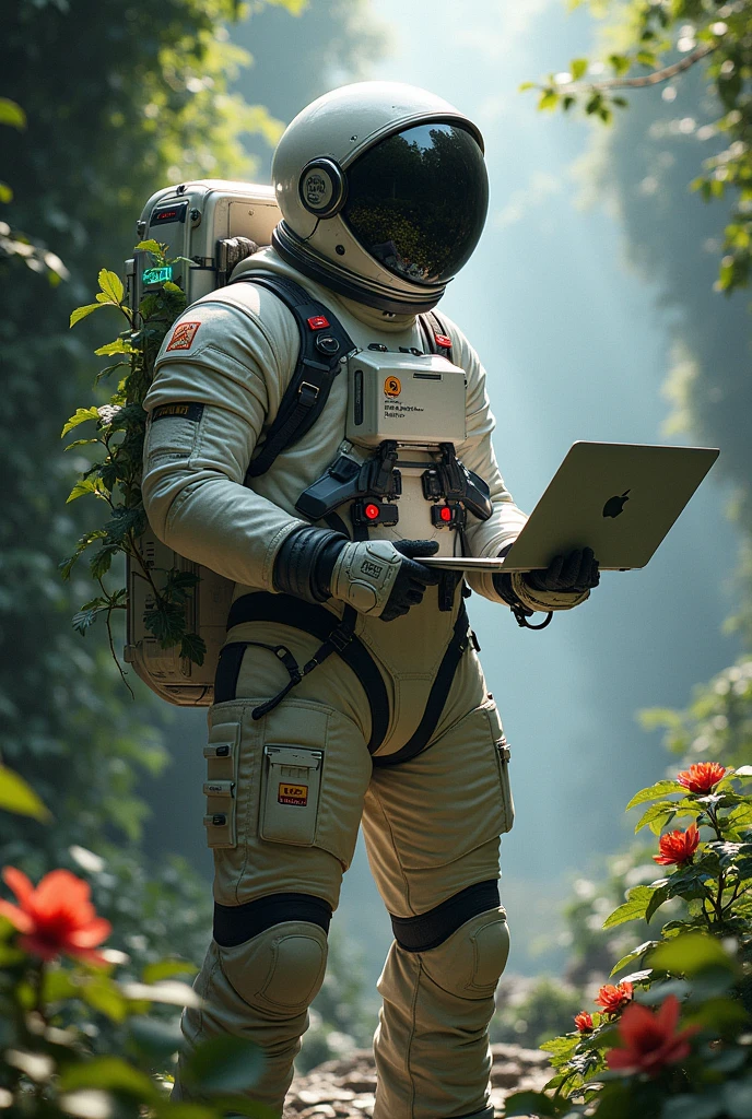 Create a hyper-realistic image of an astronaut in a powerful, contemplative pose. The astronaut should be wearing a detailed spacesuit, with meticulously crafted textures and an emphasis on the metal parts and folds of the material. In his hands, he must hold a futuristic laptop. The lighting should create deep shadows and highlights, underlining the form and complexity of both the spacesuit and the computer. Around the astronaut, insert a lush natural environment, with thick green vines and vibrant flowers in the background, gently wrapping parts of the spacesuit.

Add a touch of modernity to the background with an immersive gamer room, visible in the background, where elements such as colorful LED lights and an ergonomic chair blend into the natural surroundings. The overall atmosphere should be serene and slightly mystical, with soft natural light filtering through the foliage and interacting with the LED lights, adding a touch of life to the astronaut and the environment. The style