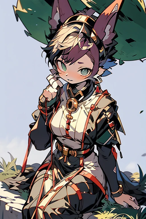 a tall girl in manga style, short purple hair, wearing medieval leather rpg armor on her body, sitting on a tree, green eyes, with fox ears