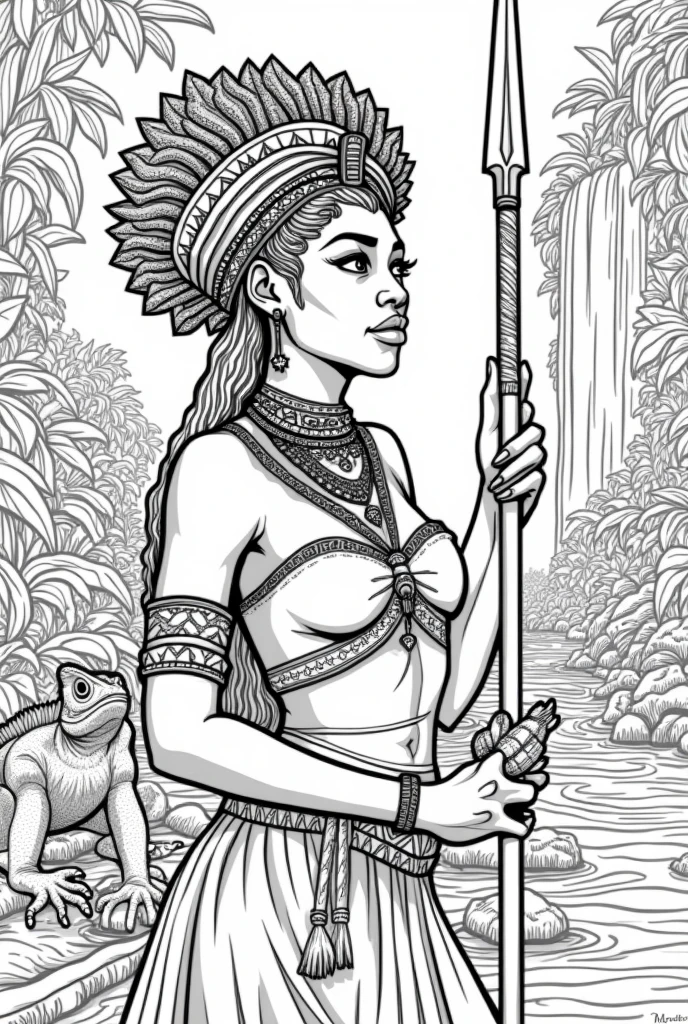 high-resolution line art coloring book page featuring the beautiful Black girl adorned with carib indian carib jewelry and a detailed headdress. The design highlights the patterns and textures, making it perfect for a coloring book., jungle, rivers, waterfal, african, Kalinago princess, spear, kinky hair, , african, with iguana pet
