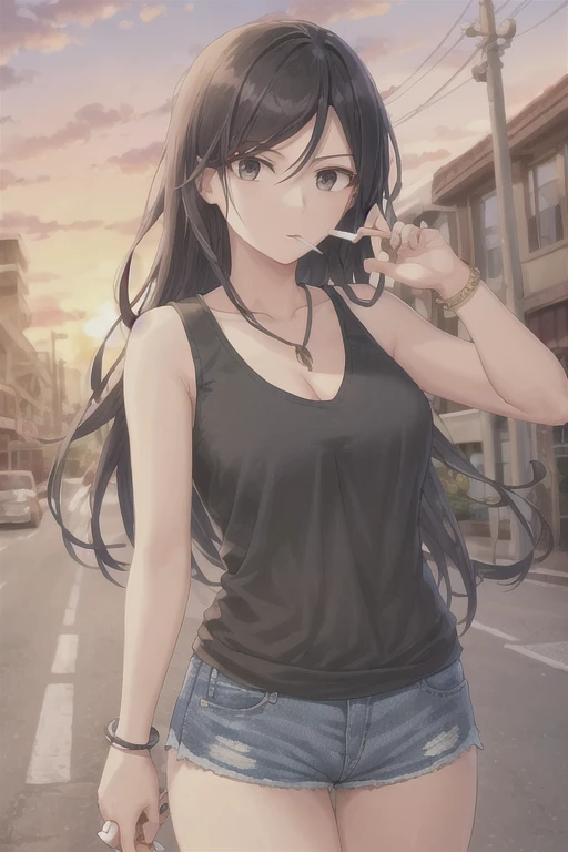 Highest quality,high resolution,2d,(Cel animation style),One woman,30 year old Asian female,(Straight long black hair),((Black tank top)),((Denim shorts)),((1 with a pistol in each hand.3)),(Skull Necklace),Black sneakers,(Beautiful face with a narrow slit 1.3),Black wristband on left wrist,Beautiful Style,Slender body,(Large Breasts),(((Holding a cigarette))),(Sunset city background 1.3)