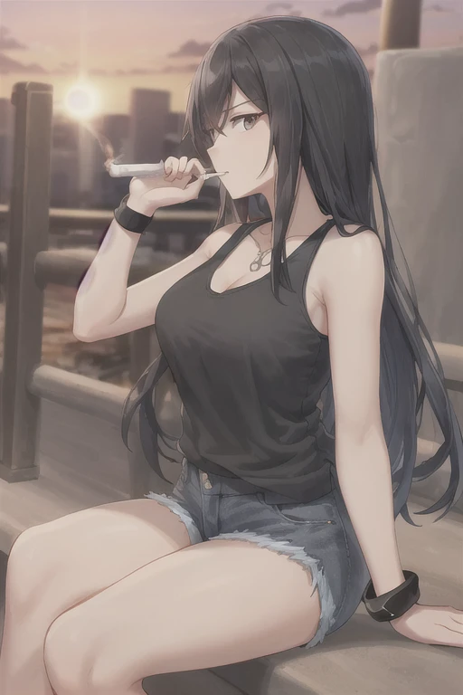 Highest quality,high resolution,２d,(Cel animation style),One woman,30 year old Asian female,(Straight long black hair),((Black tank top)),((Denim shorts)),((1 with a pistol in each hand.3)),(Skull Necklace),Black sneakers,(Beautiful face with a narrow slit 1.3)，Black wristband on left wrist,Beautiful Style,Slender body,(Large Breasts),(((Holding a cigarette))),(Sunset city background 1.3)