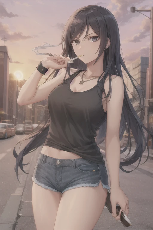 Highest quality,high resolution,２d,(Cel animation style),One woman,30 year old Asian female,(Straight long black hair),((Black tank top)),((Denim shorts)),((1 with a pistol in each hand.3)),(Skull Necklace),Black sneakers,(Beautiful face with a narrow slit 1.3)，Black wristband on left wrist,Beautiful Style,Slender body,(Large Breasts),(((Holding a cigarette))),(Sunset city background 1.3)