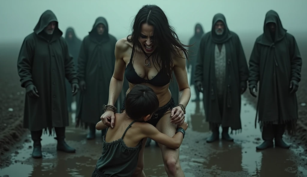 Beautiful mother with normal hands screaming in ripped gothic underwear being held tightly by her young son laying down in the mud surrounded by bad men
