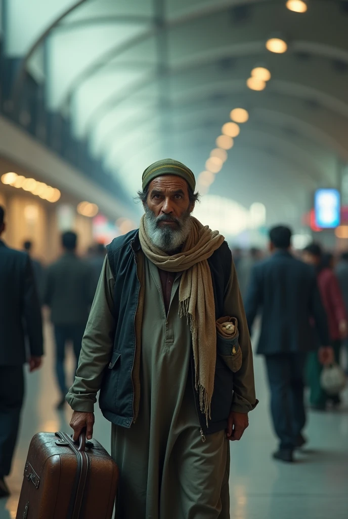 Pakistani poor man leaving Pakistan at the airport with their bags