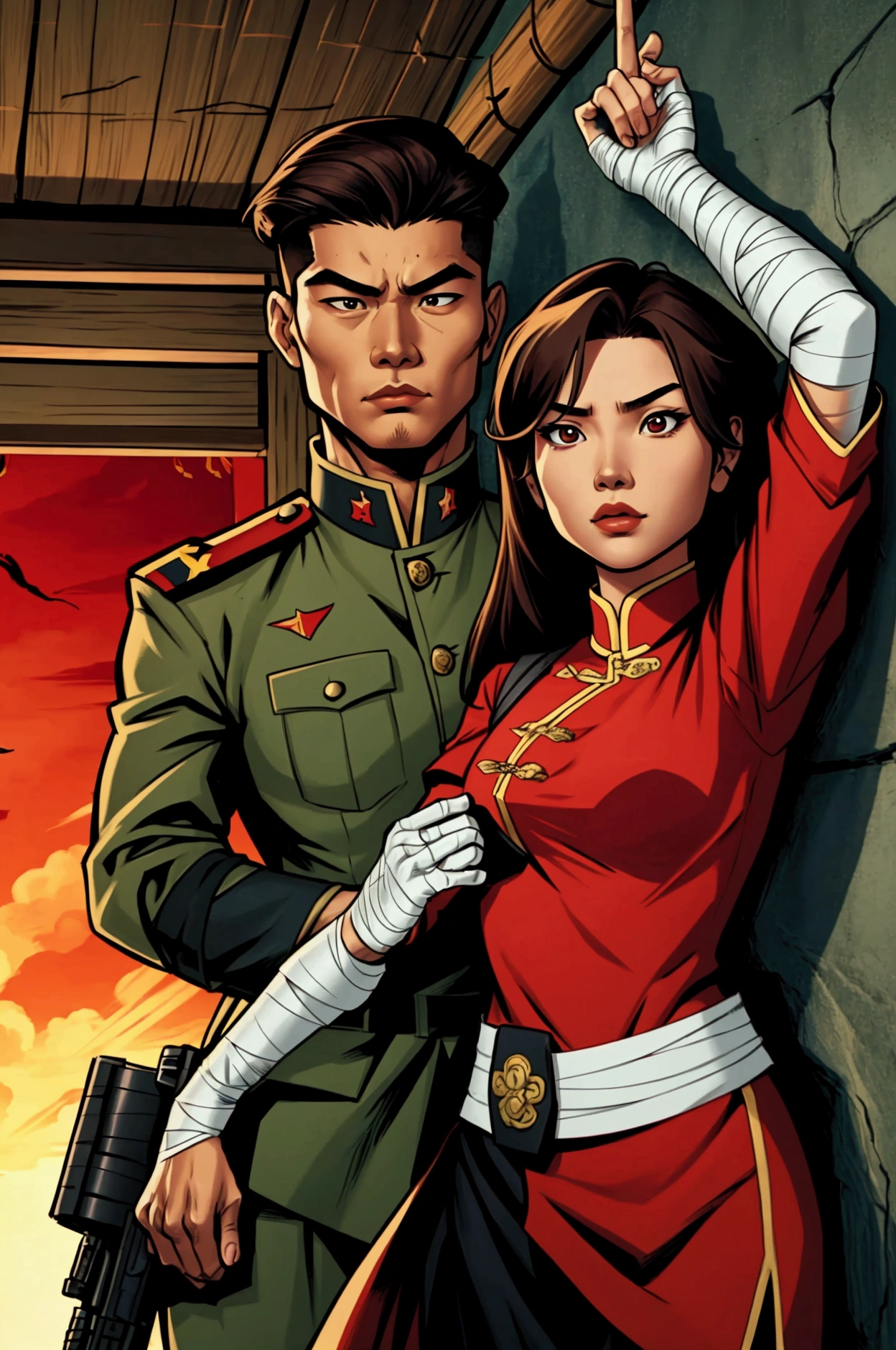 a revolution with a CHINESE female soldier with long tied up brown hair with bandages in a military uniform with a filipino man with black hair in a red shirt with filipinos and filipinas behind them 'comic art'