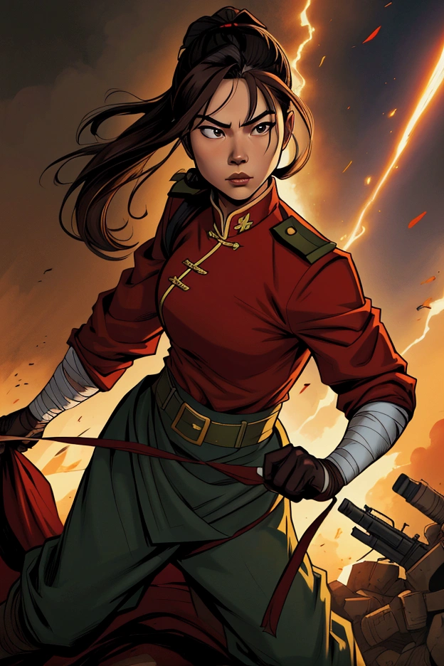 a revolution with a CHINESE female soldier with long tied up brown hair with bandages in a military uniform with a filipino man with black hair in a red shirt with filipinos and filipinas behind them 'comic art'