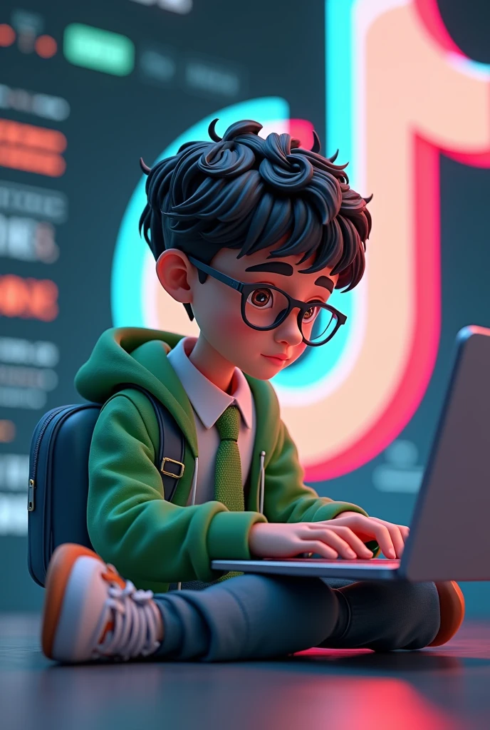 Prompt : create a 3D illustration featuring a realistic 1  beautiful young boy busy to writing a coding on a achair in front of a 3d logo of 'tiktok  the character should have green and whit pant coit tie ;with sneakers shoes with glasses the background of the image should showcase a school media profile page and the username "Ali Akbar Mirani and matching profile picture and modify it