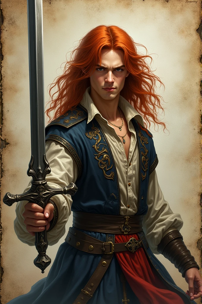 a young man, with long red hair.
average physical size, with medieval clothing, holding a shadow sword, drawing book background