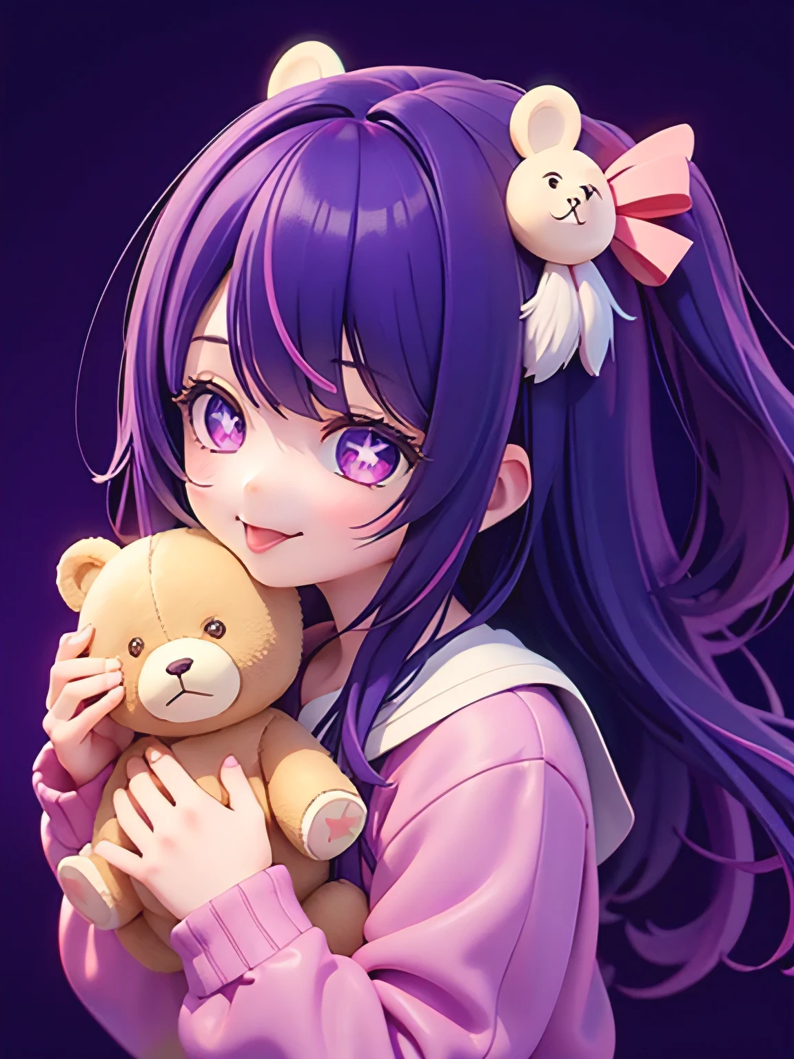 1girl, illustration, Hoshino Ai, Hoshino Ai wearing a very cute stuffed teddy bear, tongue out, tongue, (purple hair:1.2), purple eyes, smile, symbol-shaped pupils, star-shaped pupils, hair ornament, hands up, A very cute stuffed brown bear, (Photorealism, Super detailed), ((masterpiece, best quality, high resolution))