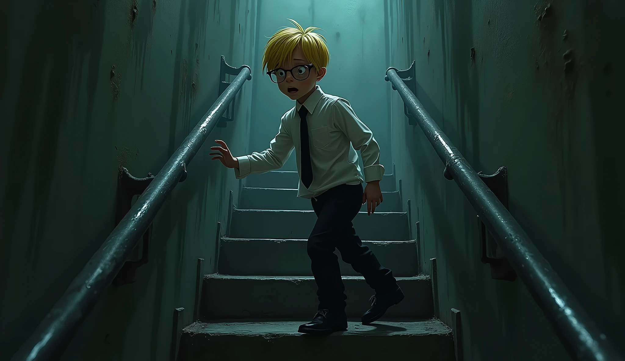 A surreal and eerie scene where Jab, a skinny boy with a distinct appearance. He has short, yellow hair that contrasts with his black-framed glasses. He’s dressed in a crisp white long-sleeved shirt, neatly tucked into black pants, with a black tie and polished black leather shoesis dreaming that he is walking up a dark, turnback, narrow staircase leading to his classroom. The staircase is dimly lit with shadows creeping along the walls, creating a spooky atmosphere. Jab’s hand is gripping the cold, metallic railing tightly as he ascends, his expression a mix of fear and uncertainty. The steps seem endless, and the environment feels unsettling, with an ominous darkness surrounding the staircase. The overall mood is tense and haunting, capturing the essence of a nightmare