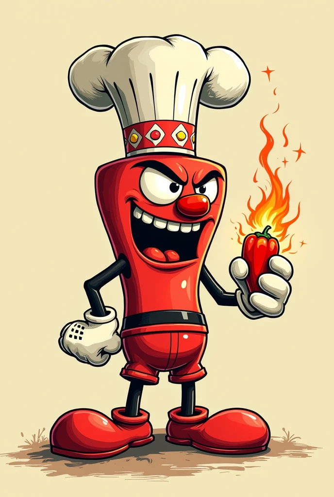 Cuphead design style like logo illustration pepper with chef hat who eat pepper and he breathe fire