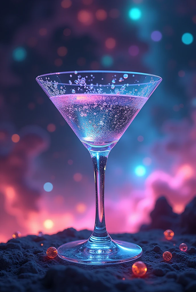 Inspired by Cuphead、Martini glass background combined with animated galaxy 、16K, Ultra-high resolution, Ultra-high resolution, to be born,wonderful ,future、Iridescent、The world 30 years from now