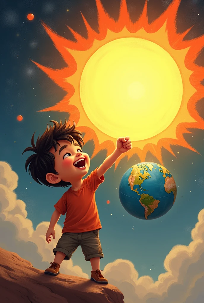 A cute boy punching the sun in the space hold the earn on his hand his name is Bharath