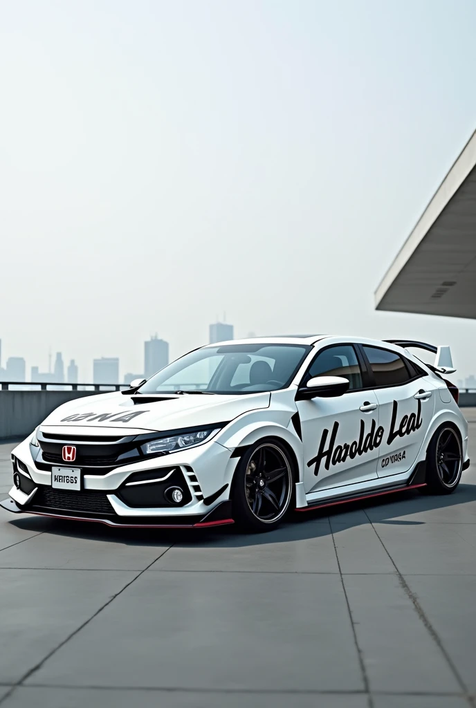 White Civic G10 car with sports sticker with the name Haroldo Leal
