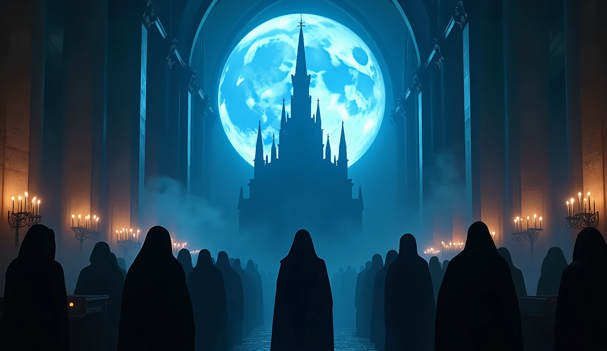 8k、 big blue moon ,zoom up(number々の賞を受賞したmasterpiece、Incredible detail、Texture、Maximum details),purple flame candle, (summoning magic),(The moonlight at night is beautiful), (Demon King's Castle),(dark organization)arafed image of a group of people in a church with candles,lit candle, dark cinematic concept art, elegant cinematic fantasy art, photorealistic dark concept art, by Beeple, dark robes, wojtek fus, gothic epic library concept, gothic epic library, epic cinematic concept art, dark concept art, Beeple and mike winkelmann, symmetrical epic fantasy art, High resolution, masterpiece, Highest quality, Intricate details, Very detailed, Clear focus, practical skin texture, texture, Shot with Canon, 85mm, Shallow and deep, Kodak Vision Color, Exactly, Very detailed, photograph_\(Extremist\), photographpractical, practical, Post-processing, Maximum details, Roughness, Real Life, Extremist practical, Photorealism, photographgraphy, 8K Ultra HD, photographgraphy