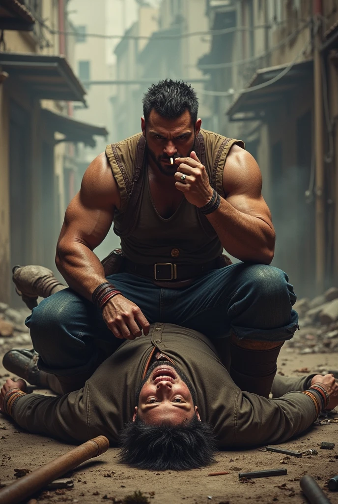 Generate a man who last standing the fight and he smoking cigarettes and sitting on his enemy after the fight