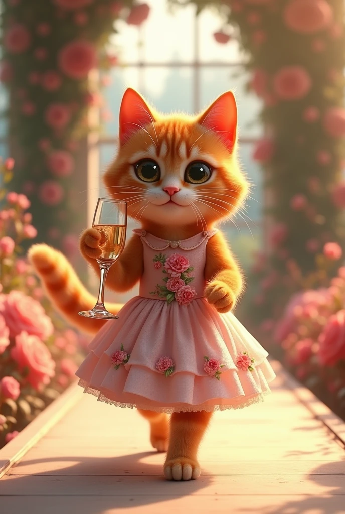 (photorealism:1.2), cute ginger cat, floral dress, champagne glass in hand, walking on the runway