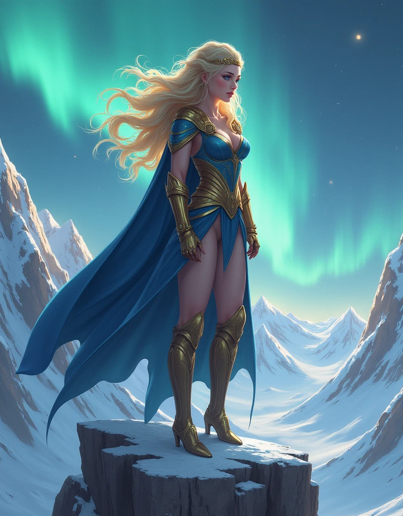 BOMBSHELL BLONDE WOMAN, WARRIOR FEMALE, VERY PALE SKIN, SKIN BLUE EYES, HIGH CHEEKBONES, ROSY CHEEKS, MENTAL FORAMEN, GOLD TIARA, HUGE LONG HAIR, DOUBLE BRAID HAIR, VOLUMOUS HAIR, BLUE AND GOLD LEOTARD ARMOUR, BLUE AND GOLD ARMOUR, GOLD GAUNTLETS, STRONG CURVY BODY, MUSCLES, GORGEOUS EXPOSED THIGHS, DETAILED QUADRICEPS, MUSCLES, GOLD FLAT BOOTS, STAND UP ON A HIGH MOUNTAINS ROCK, SHIELD , LONG GOLD AND BLUE CAPE, LONG SPLIT SKIRT, SIDE BODY VIEW, NORTHERN LIGHTS, NORTH POLE, SNOW, HIGH MOUNTAINS, SNOWING, NIGHT SKY, ACCURATE IMAGE, MASTERPIECE.