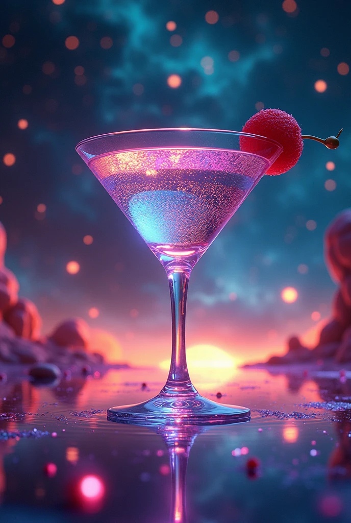 Inspired by Cuphead、Martini glass background combined with animated galaxy 、16K, Ultra-high resolution, Ultra-high resolution, to be born,wonderful ,future、Iridescent、The world 30 years from now