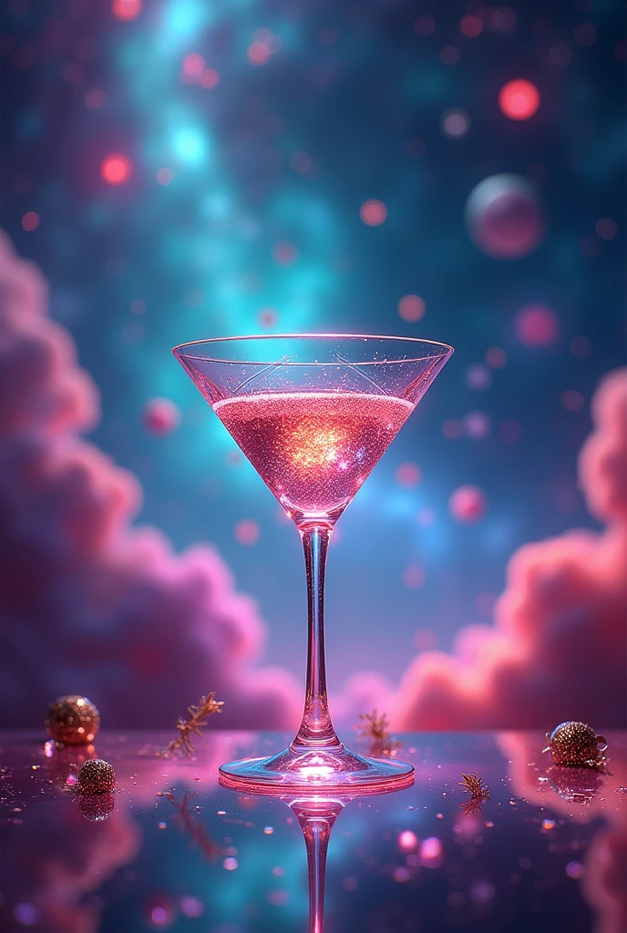 Inspired by Cuphead、Martini glass background combined with animated galaxy 、16K, Ultra-high resolution, Ultra-high resolution, to be born,wonderful ,future、Iridescent、The world 30 years from now