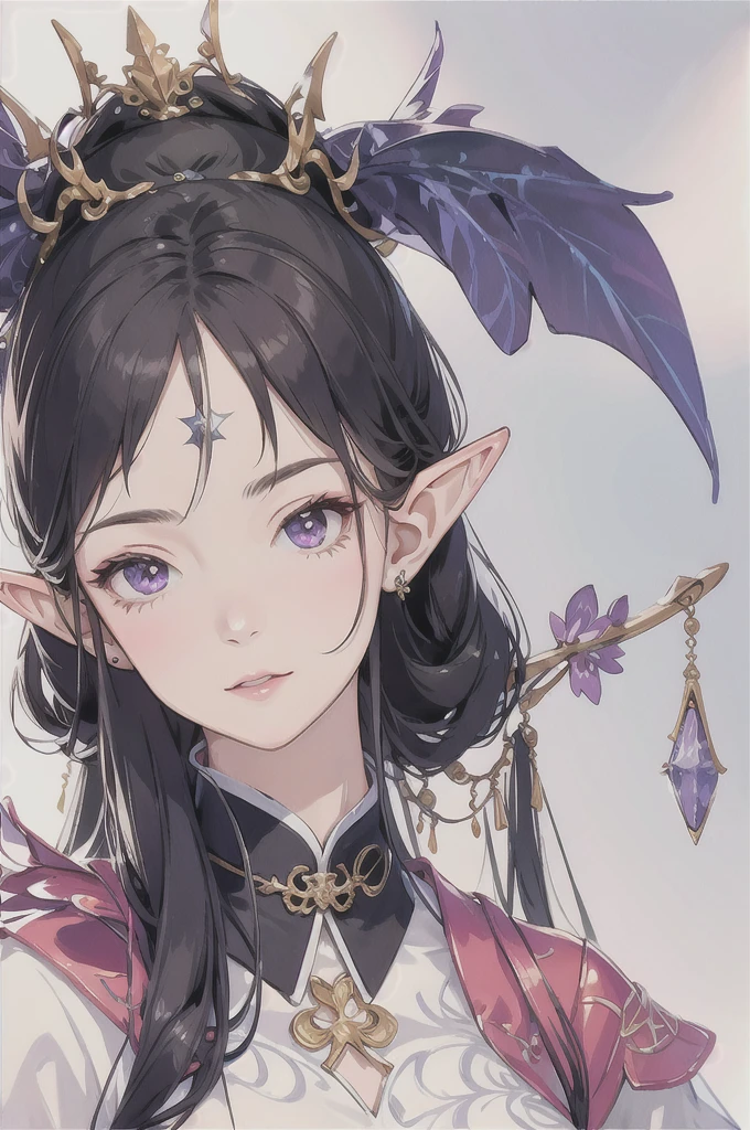 masterpiece, best quality, 1girl, ultra detailed, ultra high resolution, cute girl, detailed, long pointy ears, elf, nice face,black hair, puple eyes,