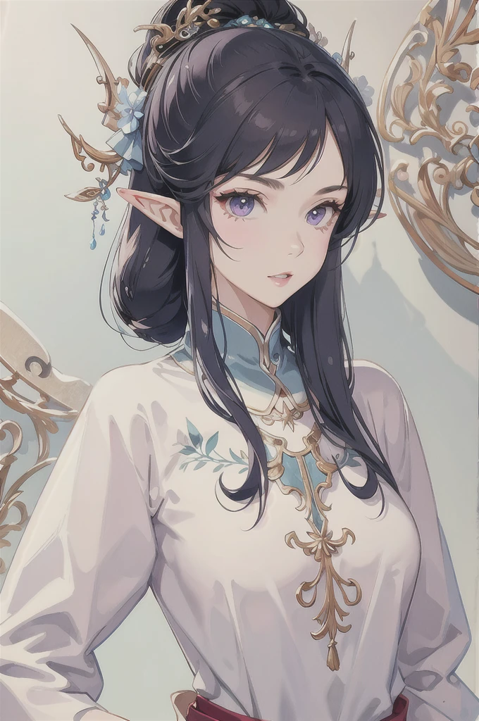 masterpiece, best quality, 1girl, ultra detailed, ultra high resolution, cute girl, detailed, long pointy ears, elf, nice face,black hair, puple eyes,