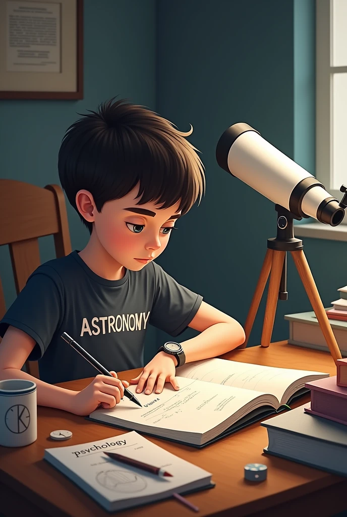 Generate, A boy sitting on a chair. He's wearing a t-shirt which is named NASA. On his table there is a white telescope. On his room wall there is poster named as Psychology. He is looking at a rough sheet and writing a mathematical concept.