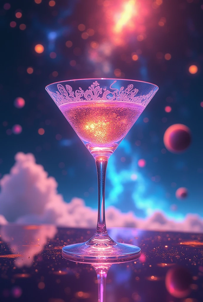 Inspired by Cuphead、Martini glass background combined with animated galaxy 、16K, Ultra-high resolution, Ultra-high resolution, to be born,wonderful ,future、Iridescent、The world 30 years from now