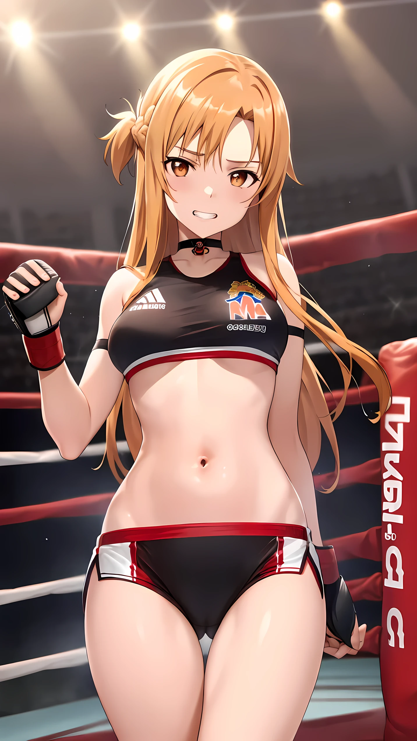Asuna yuki(Sword Art Online), Dynamic Angle, Long bronze hair,Braiding,Brown eyes,Detailed eyes,Large bust line,(wearing MMA uniform:1.5, thigh, belly button), Roll Forward,Genuine,Her slim legs are really cute.,Very beautiful long legs, Perfect body,Genuine,(Independent),Fighting Pose,(on MMA Arena :1.5),Grin, From below,winner,Ultra HD,Detailed eyes,Detailed face,Upper Body Shot,