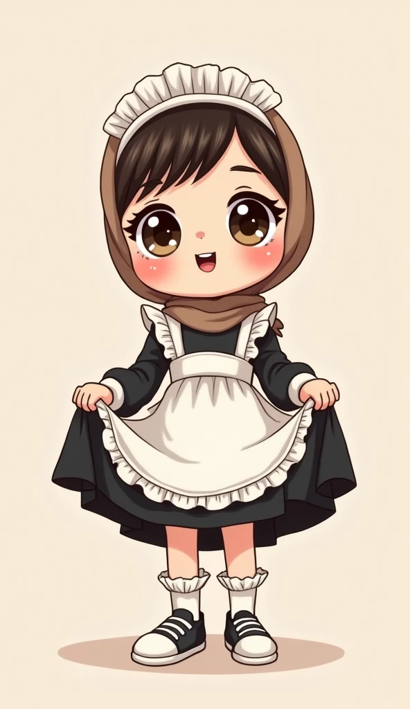 Cartoon with text: 
(masterpiece, best quality, 4k, expressive eyes, perfect face, 2d style, flat style, hand drawn), Cute and adorable face, big detailed eyes,, Cute little cartoon girl, with brown hijab on, bangs, maid dress, black skirt, white apron, ((small white socks, ruffle socks)), air force sneakers, showing her panties, pulling up her skirt, upskirt, exposed legs, white underwear 