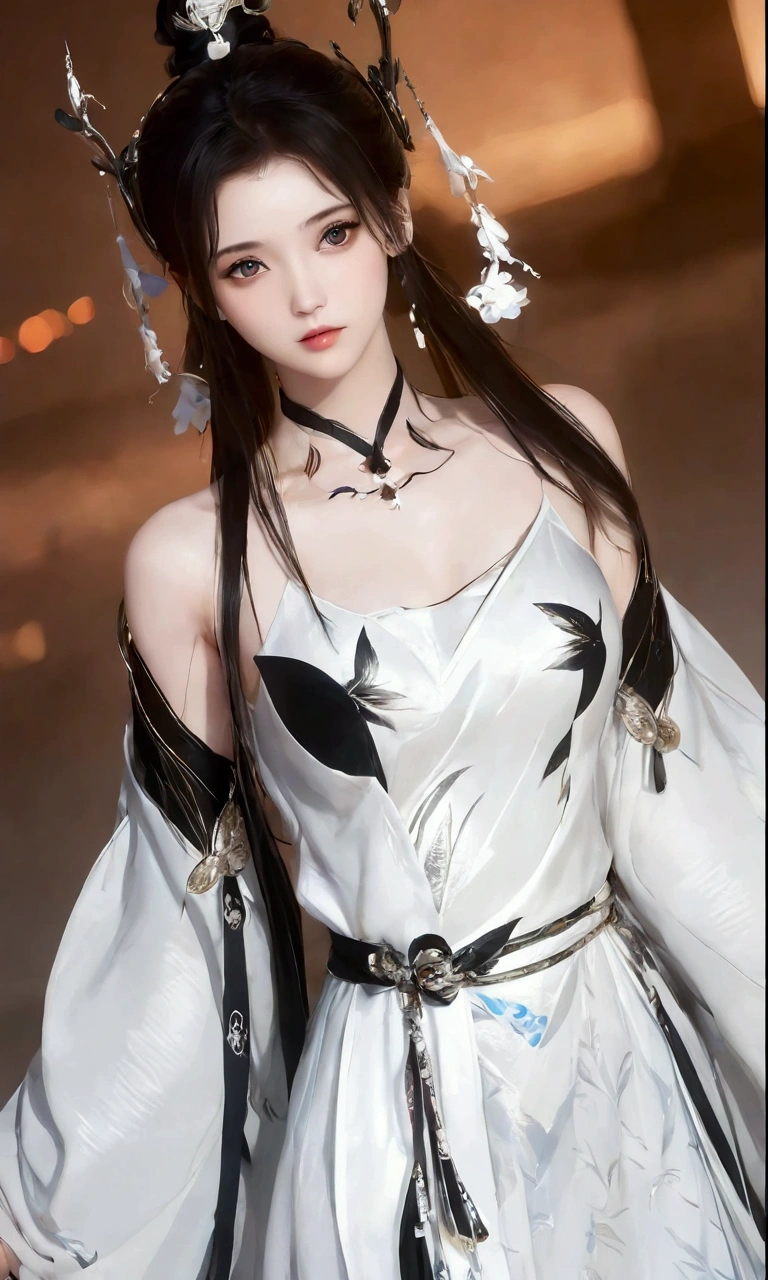 (best qualtiy,tmasterpiece:1.2),Ultra-high resolution,realisticlying,Front lighting,Complicated details,Exquisitedetailsandtextures,(1girll),solo,The upper part of the body,Black and white Hanfu,bamboo leaves pattern,Nice big eyes,Black and white dress,Bamboo leaf decoration,beauitful face,facing to audience,Streamers,gossamer,(young),Facial highlights,Detail Make,tear-mole,white skinned,Silvery hair,High ponytail,looking at viewert,largeeyes,Silk Hanfu,(Openwork pattern,Black and white silk),耳Nipple Ring,slimfigure,white backgrounid,correct hand,profesional lighting,Photon Mapping,Radio City,physically-based renderingt