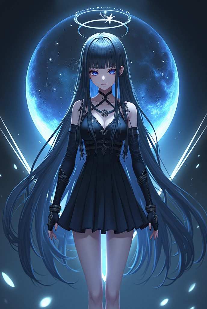 **Itto**-Diamond shape Moon shape The girl has straight bangs with strands down, the hair itself was black, inside the hair you could see space, hair long to the knees , there was a broken halo with streaks on his head, skin pale. The arms from the wrist to the shoulders were decorated with gloves,black dress short, stockings and flat shoes.