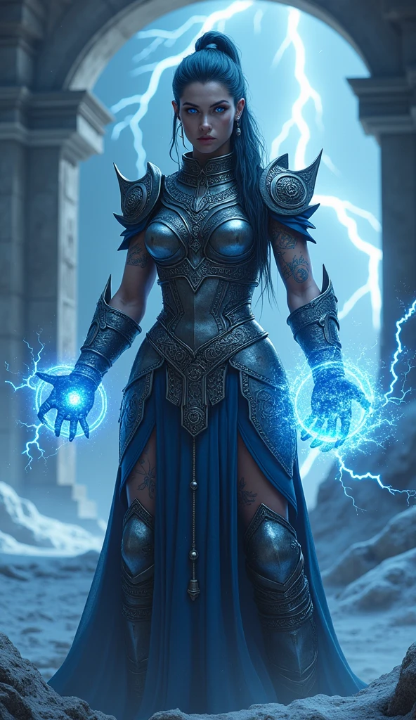 Aletta Ocean, angry evil beautiful and muscular, Nordic female, towering storm Giantess with blue black hair in a ponytail, older and mature woman, throwing a lightning ball, celtic glowing tattoos, wearing nordic steel runic plate mail Armour , temple cave background with lightning storm, glowing blue eyes, square jaw, powerful and imposing, winter clothing, pale blue purple skin, ((full plate celtic dragon armour)), nordic tattoos, fit bodybuilder, facing the camera , ultra detailed