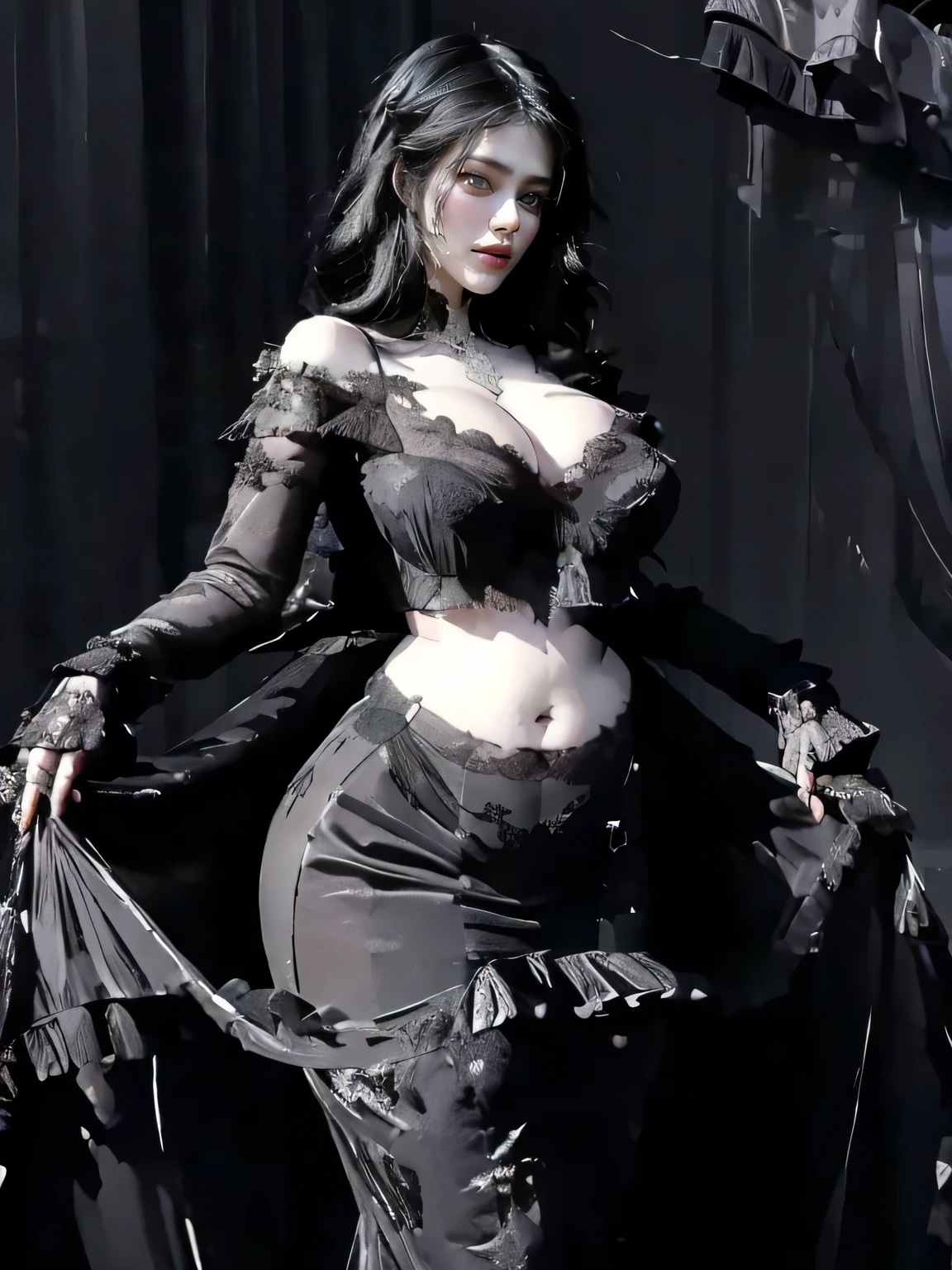 Perfect lips, perfect eyes, 1 women, goth, pale body, erect penis, gothic black, smirk, exposed tummy, Exposed chubby stomach, fat women, chubby belly, thick thighs, black dress, dick