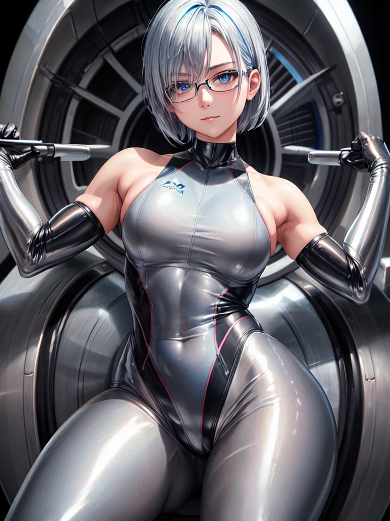 Highest quality 8K UHD、Mastepiece、Close-up、short hair、Muscular、Blue Eyes、Silver Hair、Glasses、Leg spread、A beautiful woman wearing a sleek all-black metallic suit、Full body black metallic rubber suit