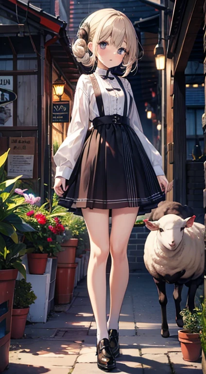 girl，sheep&#39;Horn, Rich colors, Long white hair, red眼睛 ，eyeliner, Black transparent clothes, red, open air, Rose, night, Remains, butterfly，my same as the original, my, , (:1.2) rest, (Black long skirt), (View from below), (Place your arms behind your back), (Wild Rift), Thin dress,, 最Good quality, High resolution, Unified 8k wallpaper, (figure:0.8), (Beautiful and delicate eyes:1.6), Very detailed顔, Perfect lighting, Very detailedCG, (Perfect hands, Perfect Anatomy),，blonde，redい唇，Behave cute，Long Hair马尾，High heels，Good quality, Absurd, Very detailed, Holographic,, Dynamic pose, Golden Ratio, 超级cute女孩, mature, Very beautiful,，Has very beautiful purple eyes, Very beautiful white hair, Glowing Skin, High Ponytail, Well-balanced , slender and delicate body shape,, Perfect body, (Wearing a short white top,) cute，Full Body Shot，Long Hair，shoes，Black Skirt, Short sleeve，Messy Hair, Black gloves,,Fade out the background,Full body photo of a person,comics，T-Shirts，Eyes with highlights，Leg Ring，Let go