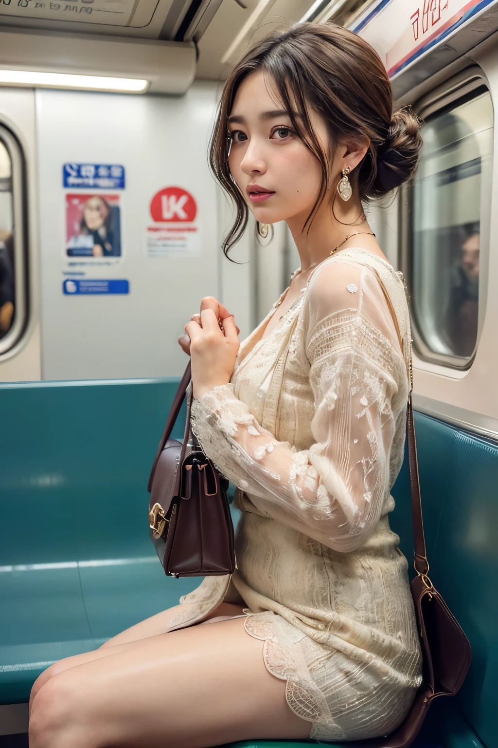 ((Realistic, 8k, Top Quality, Masterpiece: 1.5, Best Quality, Illustration, Ultra-detailed, finely detail, high resolution, 8K Wallpaper, Perfect dynamic composition, Beautiful detailed eyes)), (open chest clothe with handbag:1.6), Natural Color Lip, (in commuter train:2.0),20 years girl, shiny sweaty skin:1.4, ((beautiful detailed face and eyes:1.5)),((Highly detailed face and skin texture, Highly detailed lip texture, Beautiful detailed eyes, Raw Photo)), (Very Delicate and Cute Japanese Girl:1.5), (1 girl), Perfect Style, necklace, earrings, realistic shadows, (Emphasis beautiful sexy Legs:1.6), (from side:1.5)