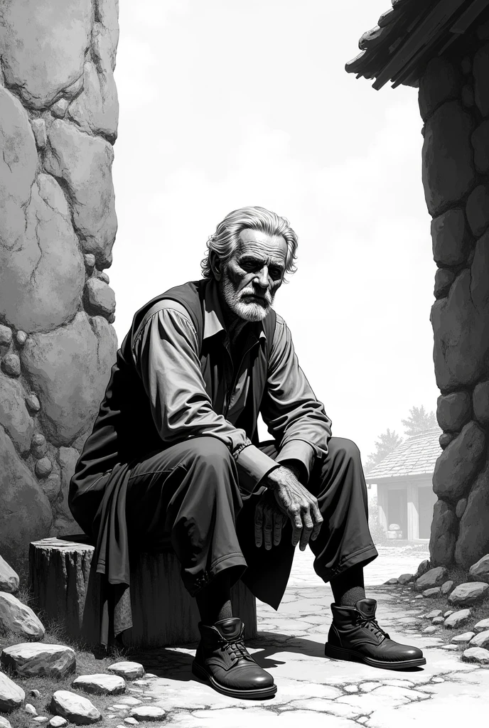 the rustic-style middle-aged gentleman sits next to the stone, looking at the horizon with a lost gaze, as if there was no more strength to move forward. Your memories begin to appear at the edges of the frame: the face of a loved one, a dream that was abandoned, a personal battle that failed. generates a HQ image, estilo historia em quadrinhos, in black and white